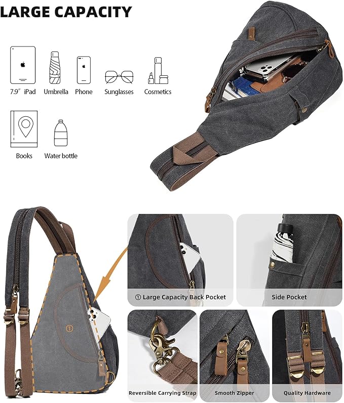 KL928 Canvas Sling Bag - Small Crossbody Backpack Shoulder Casual Daypack Rucksack for Men Women(Large Version,Black)