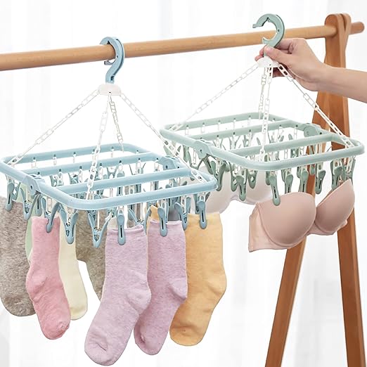 Clothes Hanger with 32 Clips, Foldable Clothes Peg Drying Rack for Socks, Underwear, Bras, Scarves (Blue)