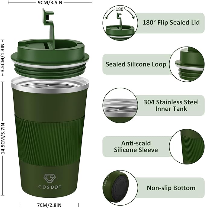 CS COSDDI 12 oz Stainless Steel Vacuum Insulated Tumbler - Coffee Travel Mug Spill Proof with Lid - coffee Cup for Keep Hot/Ice Coffee,Tea and Beer (3rd Green)