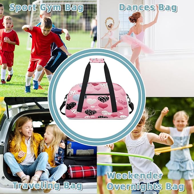 Pink Heart Balloon Print Sports Duffel Bags, Water-Resistant Gym Duffle Bag for Men Women, Lightweight Weekender Overnight Bag for Fitness, Workout, Travel
