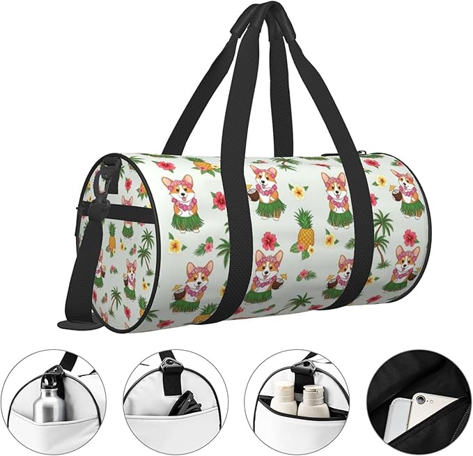 Travel Sports Gym Bag Duffel Sports Bags Hawaiian Tropical Summer Corgis Pineapple Palm for Women or Men Training Swim Yoga