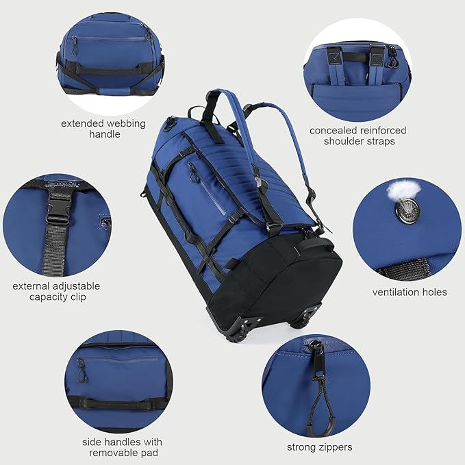 Rolling Duffle Bag with Wheels,86L 30”Carry on Luggage with Wheels,Folding Travel Bag,Duffle Backpack with Separate Shoe Compartment (dark blue)