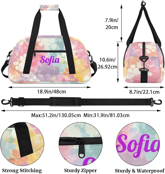 Custom Name Girl Gym Travel Duffle Bag with Front Zipper Pocket Personalizedfor Sports Bag for Overnight, Weekender, Carry On,Workout & Dance, 18.9 * 8.7 * 10.6 in,Yellow Pink Gray