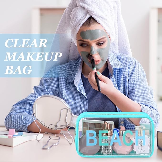Cunno 6 Pcs Clear Beach Makeup Bag Beach Vacation Essentials Nylon Clear Travel Pouch Cosmetic Sunscreen Bags Swim Pouch Waterproof PVC Organizer Summer Travel Toiletry Case for Women