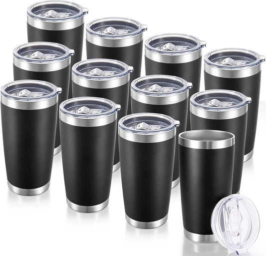 20 oz Tumblers Bulk Stainless Steel Tumbler with Lid Double Wall Vacuum Insulated Coffee Mug 20oz Powder Coated Cup for Hot and Cold Drinks, Black, 12 pack