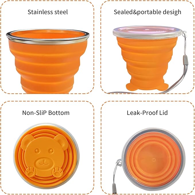 2 Pcs Collapsible Cups, Silicone Collapsible TravelCup, Expandable Folding Camping Drinking Cup with Lids Reusable Small Portable Mugs-Cup for Travel, Camping, Hiking,Outdoors (Light Blue&Orange)