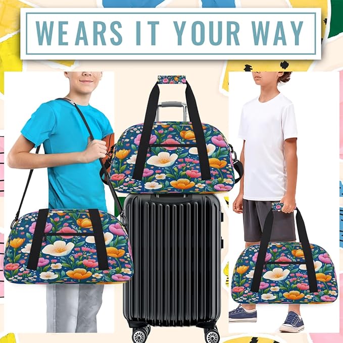 Kids Duffle Bag Girls Boys Spring Colorful Floral Garden Weekender Overnight Bag,Lightweight Duffel Bags for Traveling Gym Sport Dance