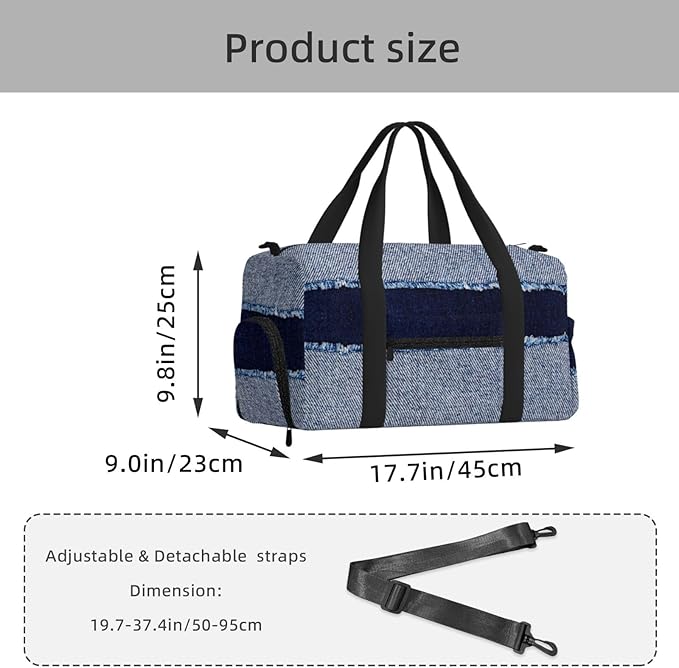 Denim Blue Jeans Bleached Denim Fabric Women'S Gym Duffle Bag With Shoes Compartment, Ideal For Travel, Gym, Sports, Duffel, Weekender