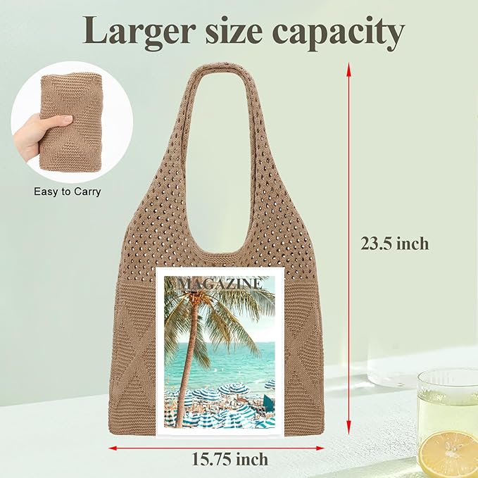 SUOSDEY Crochet Mesh Beach Tote Bag, Knit Summer Vacation Aesthetic Boho Tote Bag for Women