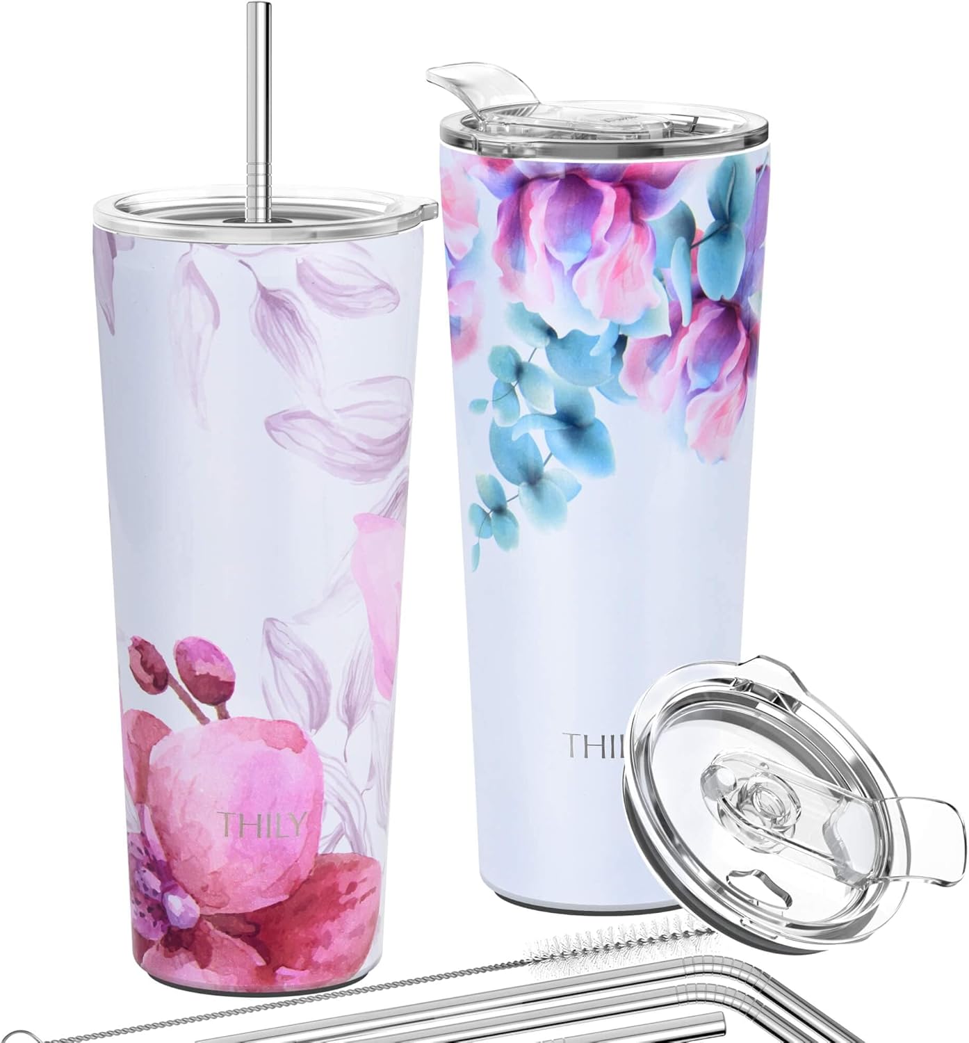 THILY Stainless Steel Vacuum Insulated Tumbler 26 oz Triple-Insulated Travel Mug with Splash-Proof Lid, for Iced Coffee and Hot Beverage, Pink Lilies + Lotus Flower