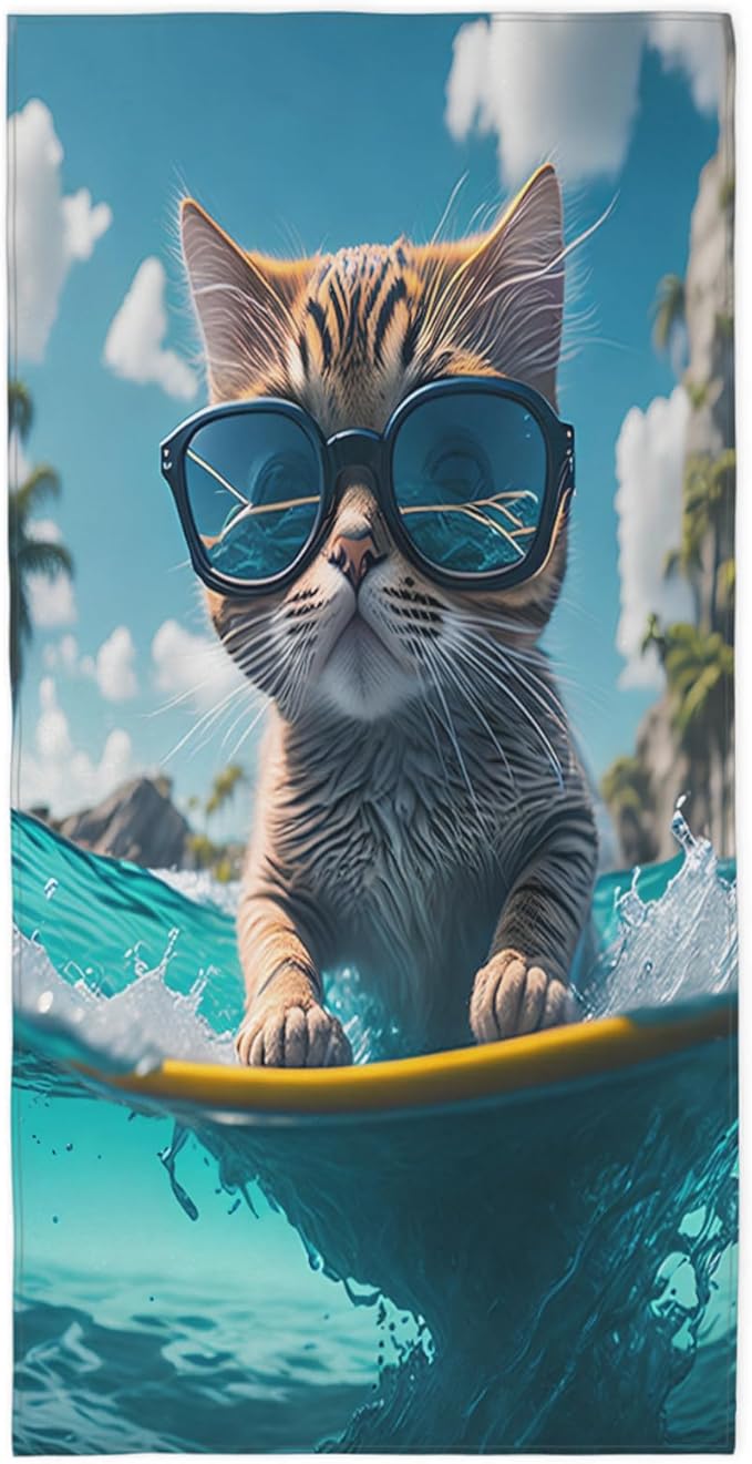 Cat Sunglasses Swim Beach Towel, Large Microfiber Quick Dry Lightweight Pool Bath Towels Sand Free Beach Blanket for Summer Cruise Yoga Camping Travel Vacation Essentials 31 x 61 in