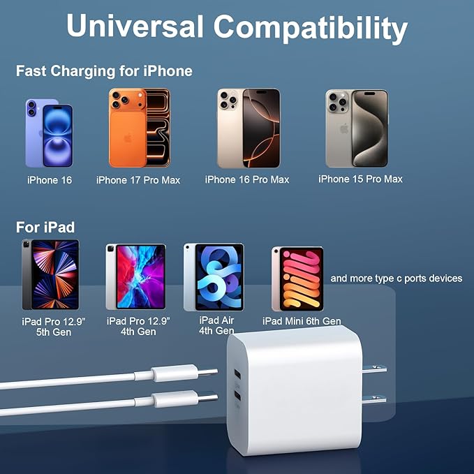 USB C Charger Block for Phone 17 16 15 Pro Max,20W Type C Charger with 12FT Long USB C to C Fast Charging Cord Cable Compatible for 17 16 15 Pro Max/17 16 15 Pro/15 Plus/15/Android Phone