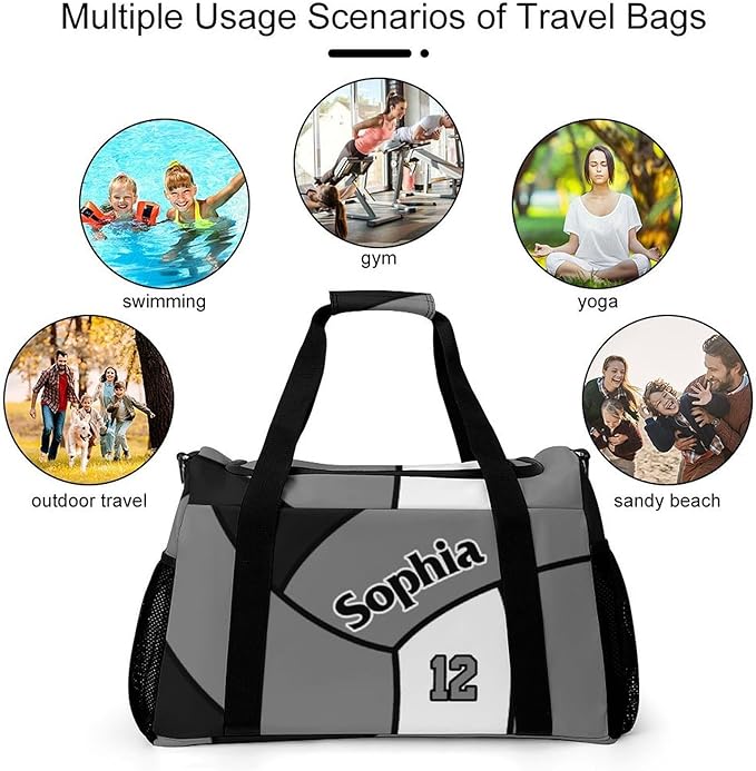 Custom Volleyball Black Grey Duffel Bag with Name Personalized Travel Bags Sport Gym Bag Carry On Weekender Bags for Men Women