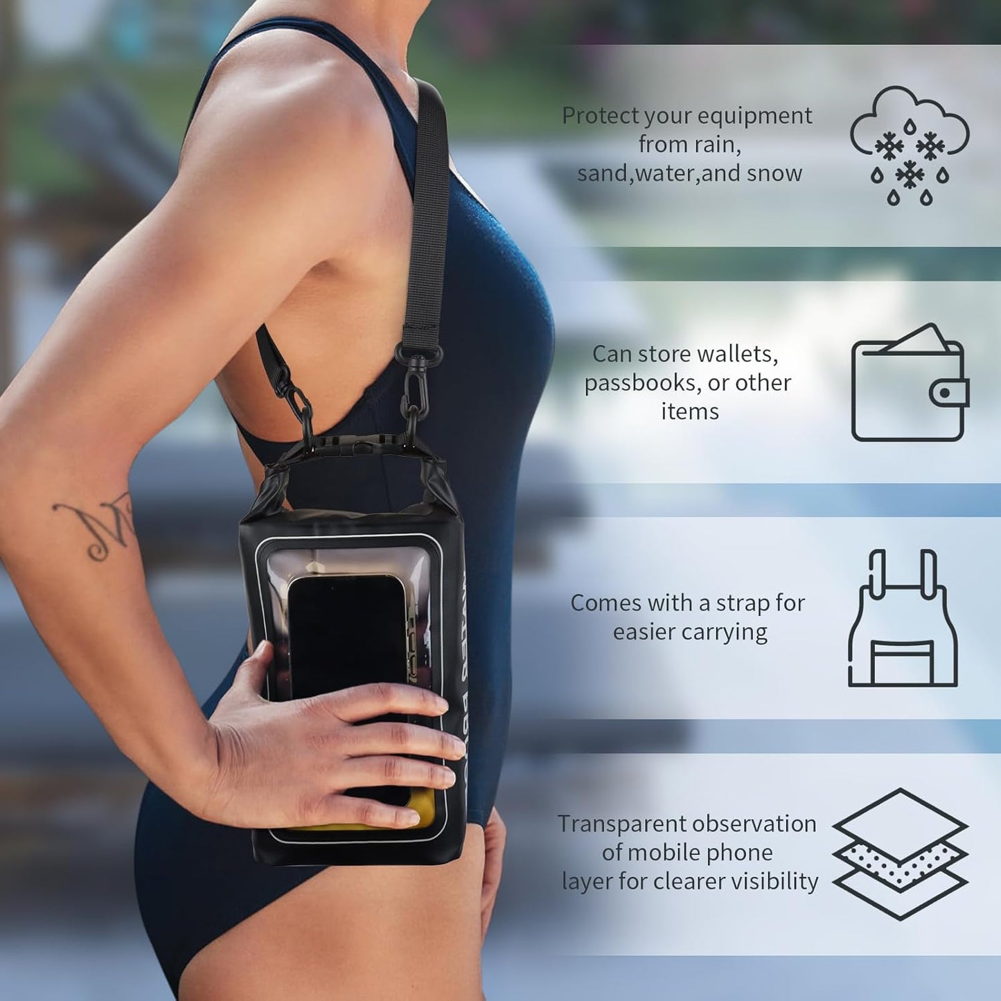 IP68 Waterproof Dry Bag, 2L - Roll Top Waterproof Pool Bag，Dry Bags for Kayaking Waterproof-w/Phone Pouch,Large Waterproof Phone Pouch,Boating & Kayak Accessories Camping (Black)