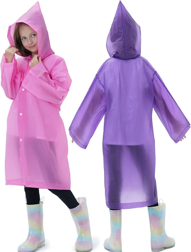 2 Pack Raincoats for Kids, Reusable Rain Ponchos with Hood and Sleeves Rain Coats for Boys and Girls