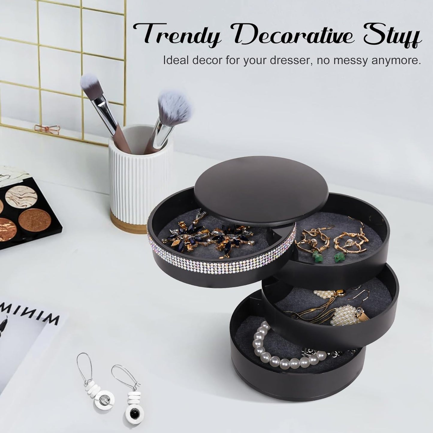 CONBOLA Jewelry Holder Organizer, Christmas Gifts Ideas for Women, Small Jewelry Storage Box Earring Holder, 5-Layer Rotating Jewelry Storage Tray with Lid for Bracelets Rings Bracelets