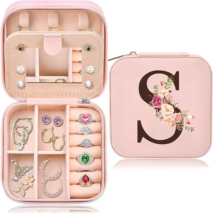 Travel Jewelry Case Box Organizer, Personalized Gifts for Women Wife Mom Aunt, Mothers Day Mom Gifts from Daughter Son, Bridal Shower Giftware for Women, Bridesmaid Proposal Unique Presents, Initial S