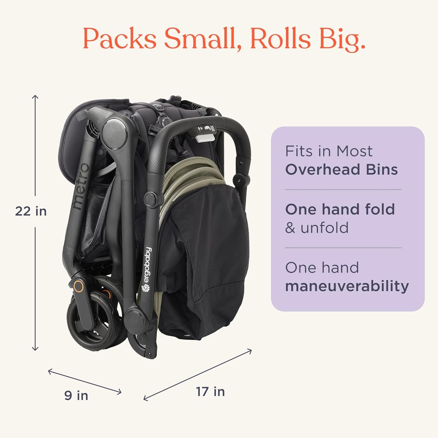 Ergobaby Metro 3 All in One Compact Baby Stroller, Lightweight Travel Stroller, Easy One-Hand Fold for Overhead Airplane Storage (Carries up to 50 lbs), Car Seat Compatible, Onyx Black