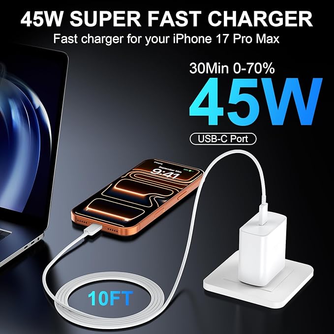 Phone 17 16 Pro Max Charger Fast Charging, 45W USB C Phone 17 16 Super Fast Charger Block with 10ft Long Type C Charging Cable Cord for i.Phone 17 Pro Max/17 Pro/17 Air/17/16/16Pro/ProMax-White+Blue