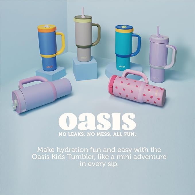 Ello Oasis 18oz Kids Tumbler with Handle & Retracting Straw, 100% Leakproof Reusable Insulated Stainless Steel Cup, Gifts for Teens Girls Boys, Keeps cold for 18 Hours, Cup Holder Friendly, Lavender