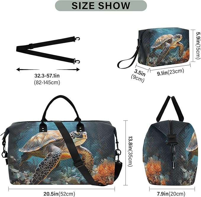 Sea Turtle Quilted Travel Bags Weekender Duffle Bags With Toiletry Bag Carry on Overnight Duffels Yoga Gym Bag for Airplanes Business Sports