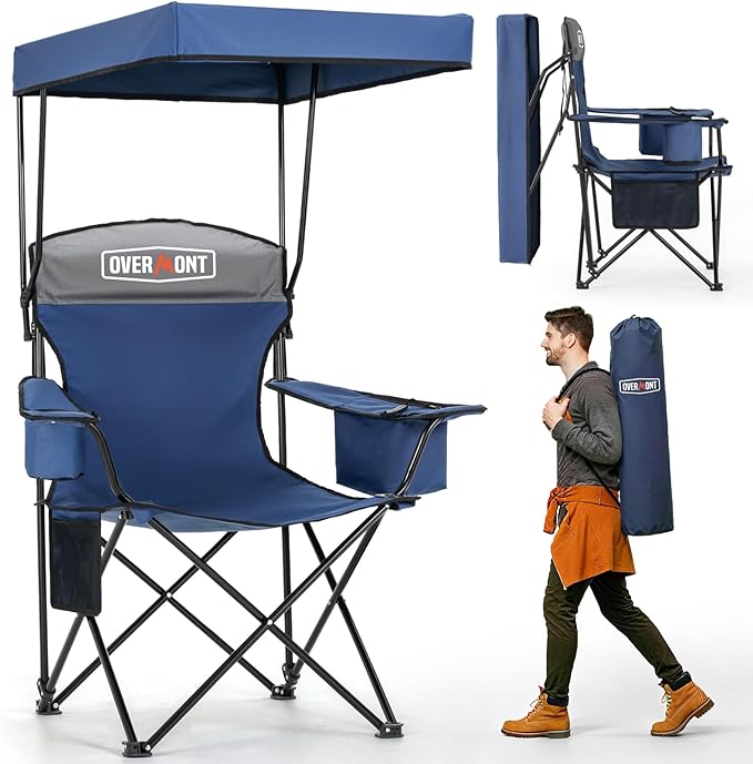 Overmont Camping Chair with Canopy Shade & Cooler Bag - Oversized Folding Beach Chair with High Back Support Big Cup Holder - Portable Lawn Chair for Outdoor Travel Sports Fishing - Support 330lbs
