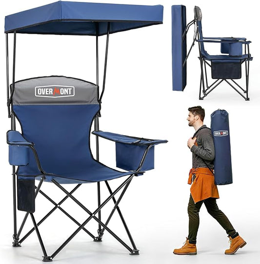 Overmont Camping Chair with Canopy Shade & Cooler Bag - Oversized Folding Beach Chair with High Back Support Big Cup Holder - Portable Lawn Chair for Outdoor Travel Sports Fishing - Support 330lbs