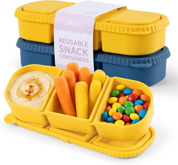 2 Pack Silicone Snack Containers, 3-Compartment Snackle Box with Leak Proof Lids, Reusable Small Divided Food Storage for Kids Lunch, School Travel Adults