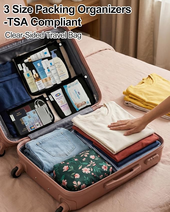 babygoal Clear Travel Organizer Bags 3 Pack, TSA Approved Mess-Proof Pouches with Snap Handle, Water-Resistant Toiletry Essentials for Baby & Mom (Black)