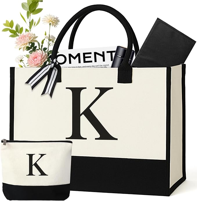 Personalized Canvas Tote Bag for Women Makeup Pouch Initial Beach Bag Removable Bottom Board for Travel Birthday
