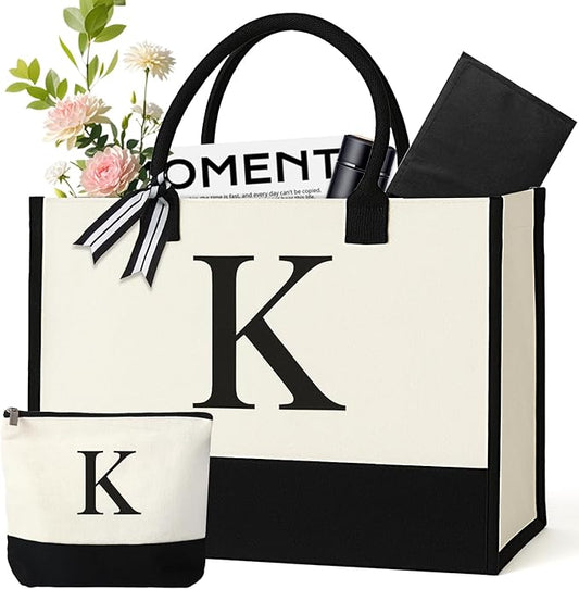 Personalized Canvas Tote Bag for Women Makeup Pouch Initial Beach Bag Removable Bottom Board for Travel Birthday