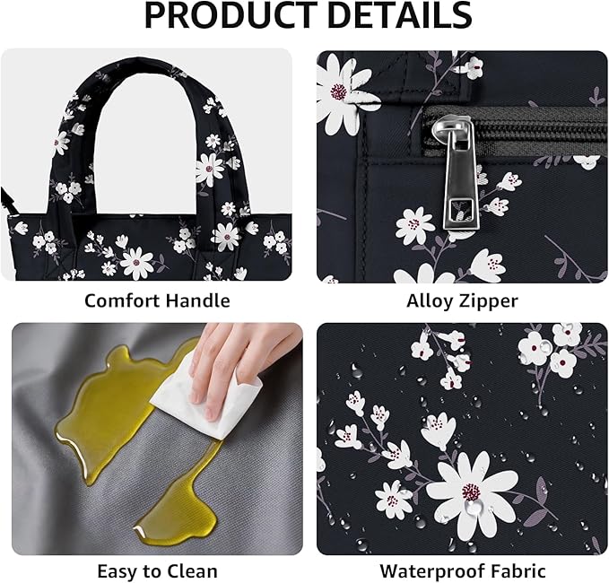 Tote Lunch Bag Women Stylish Quilted Lunch Boxes for Adult Fit and Fresh Cooler Insulated Lunchbox for Work Large 10 Liters Cute Compact Lunchbag Waterproof Black Floral