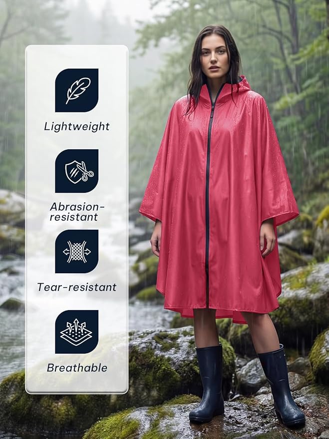 SaphiRose Lightweight Waterproof Rain Poncho for Adults with Hood Portable Rainwear for Outdoor