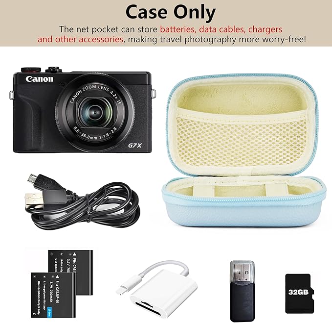 Digital Camera Case Compatible with Canon Powershot G7X Mark II & III/ SX740/ Sony ZV-1/ RX100 VII, Compact Travel Point & Shoot 4K Vlog Cameras Storage Holder with Lanyard (Blue)