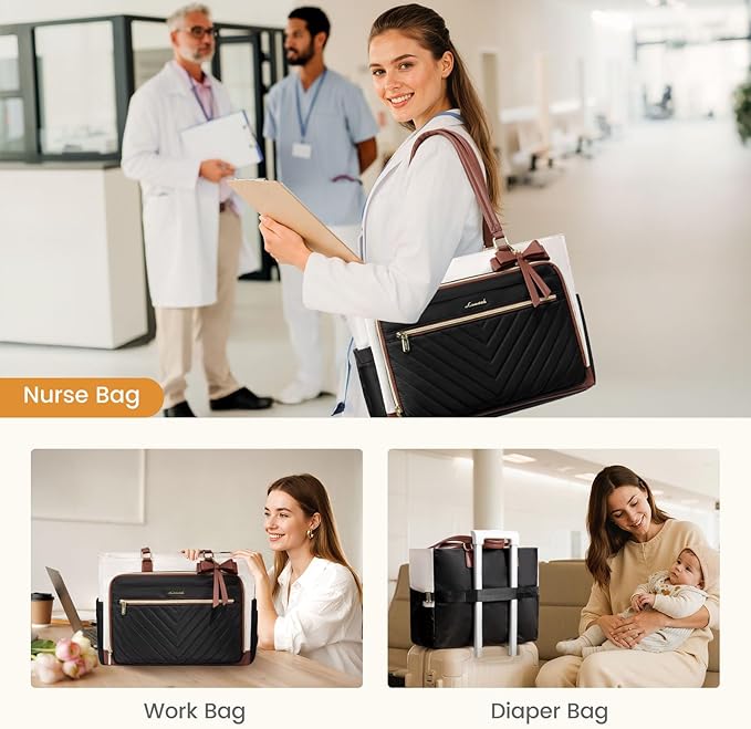 LOVEVOOK Laptop Tote Bag for Women, Work Bag for Nurse with Large Cup Holder, Nurse Diaper Bag for Travel, Computer Women's handbags for Teacher gift, Brown-gray-black， 15.6 Inch