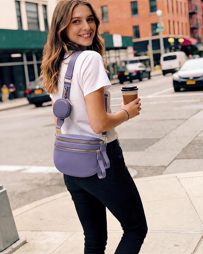 Valentoria Large Leather Crossbody Bags for Women Bum Bag Sling Bag Purse With Adjustable Strap Detachable Wallets (Cloudy Purple)