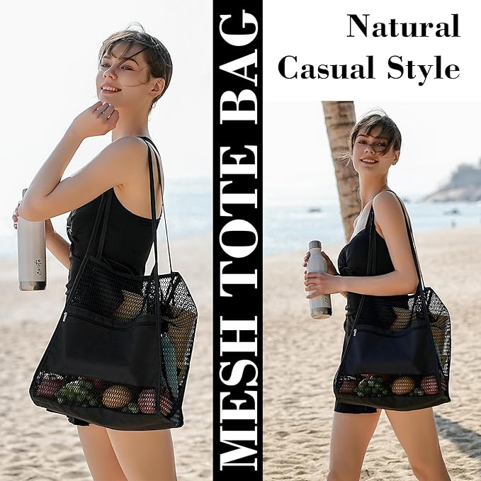 Tavaleu Mesh Beach Bag, Beach Bags for Women, Woven Straw Beach Tote Bag Waterproof with Inner Pocket, Packable Beach Bag