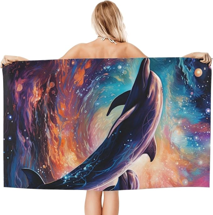 Microfiber Beach Towel, Galaxy Dolphin Beach Towels 32x52in,Quick Dry, Sand Free, Ultra Soft & Oversized Towel for Travel, Outdoor, Bathroom, Swimming - Ideal for Pool, Camping, Yoga, or Gift Decor