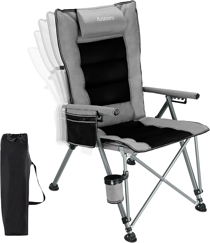 Folding Camping Chair with Cup Holder and Storage Bag, Heavy Duty Support 400 LBS, Oversized Collapsible Portable Adjustable Back Support Camping Chair for Outdoor (Adjustable-Grey)