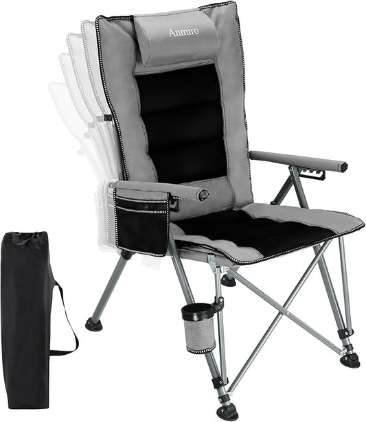 Folding Camping Chair with Cup Holder and Storage Bag, Heavy Duty Support 400 LBS, Oversized Collapsible Portable Adjustable Back Support Camping Chair for Outdoor (Adjustable-Grey)