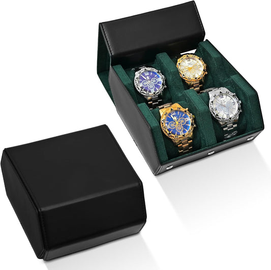 Watch Roll Travel Case for 4 Watchs Storage and Organizer-Secure Storage with Innovative Slide Pillows & Solid Dividers for Home Storage, Protect and Display