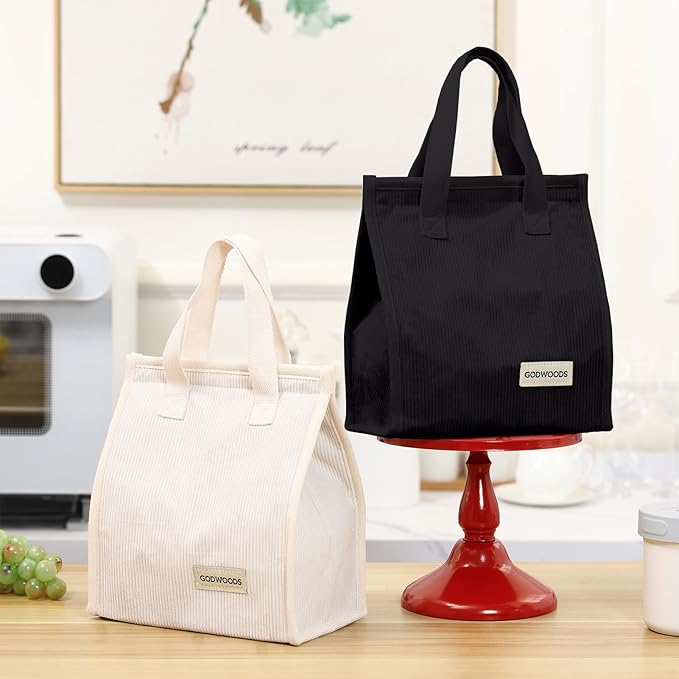 TELLUMO Corduroy Lunch Bag for Women Men Cute Lunch Bag Insulated Lunch Box with Large Capacity (7.5L) Reusable Lunchbag for Work, Picnic, Beach or Travel (S- Corduroy Black)