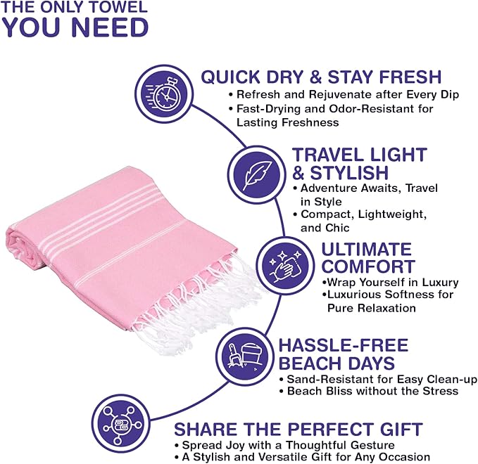 Turkish Beach Towels, Pack of 6 | Oversized, Quick Dry, Sand Free | 100% Cotton, Large 38x71 Towels for Beach, Pool, Travel | Ultra-Soft, Compact, and Absorbent | Pink