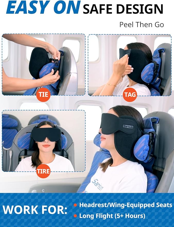 Upgraded Travel Pillow, U-Shaped Airplane Head Strap for All Heights, 360° Support, 3D Sleep Mask, 100% Light Blocking, Long Flights Essentials Headrest, Stop Bobblehead, Black