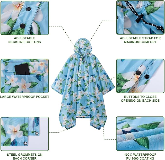 Hooded Rain Poncho for Adults - Waterproof Rain Coat and Lightweight Jacket 3-in-1 Multi-Function with Pockets