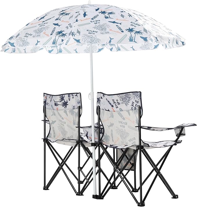 Double Folding Camping Chair W/Umbrella Fold Up Table Beverage Holder Carrying Bag Cooler for Patio Pool Park Outdoor Beach, Picnic, Portable (Coconut)