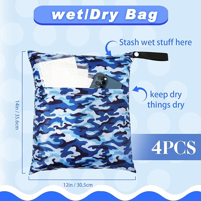 Frienda 4 Pieces Wet Dry Bag for Baby Waterproof Reusable Washable Diaper Bag Sealed with Handle for Travel, Beach, Swimsuit, Diapers, Dirty Gym Clothes and Toiletries (Camouflage)