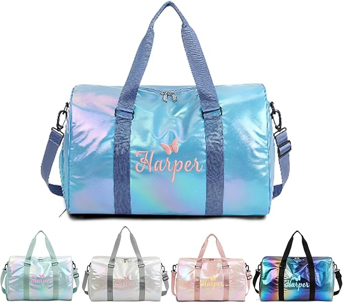 Personalized Dance Duffle Bag for Girls with Embroidered Name Custom Travel Duffle Sport Gym Bag for Women Cheerleading Weekender Overnight Luggage Bag with Shoe Compartment Customized Gifts Blue