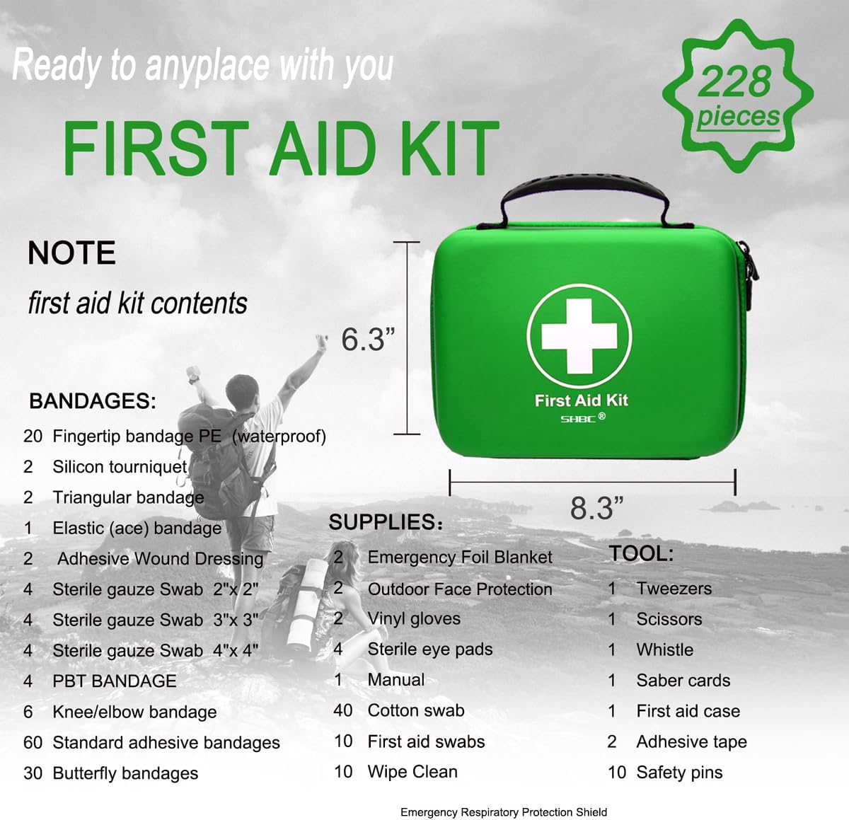 SHBC Waterproof First Aid Kit (228pcs) with All Basic or Advanced Supplies You Need. Suitable for Emergencies at Home or Outside, Travel, Home, Camping, Green