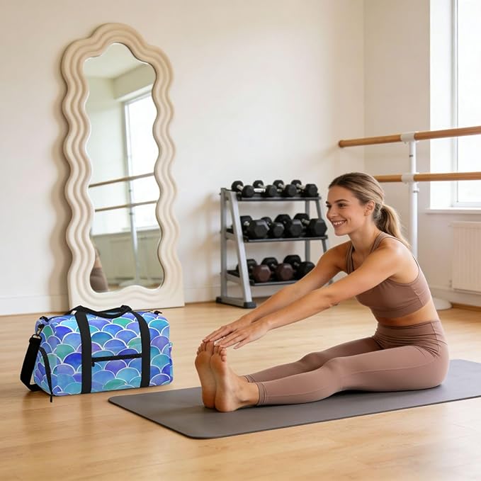 Sports Gym Bag Mermaid Scales Blue Purple Travel Duffel Bag With Shoe Compartment Shoulder Strap, Lightweight Water-Resistant Weekend Overnight Totes For Women Men